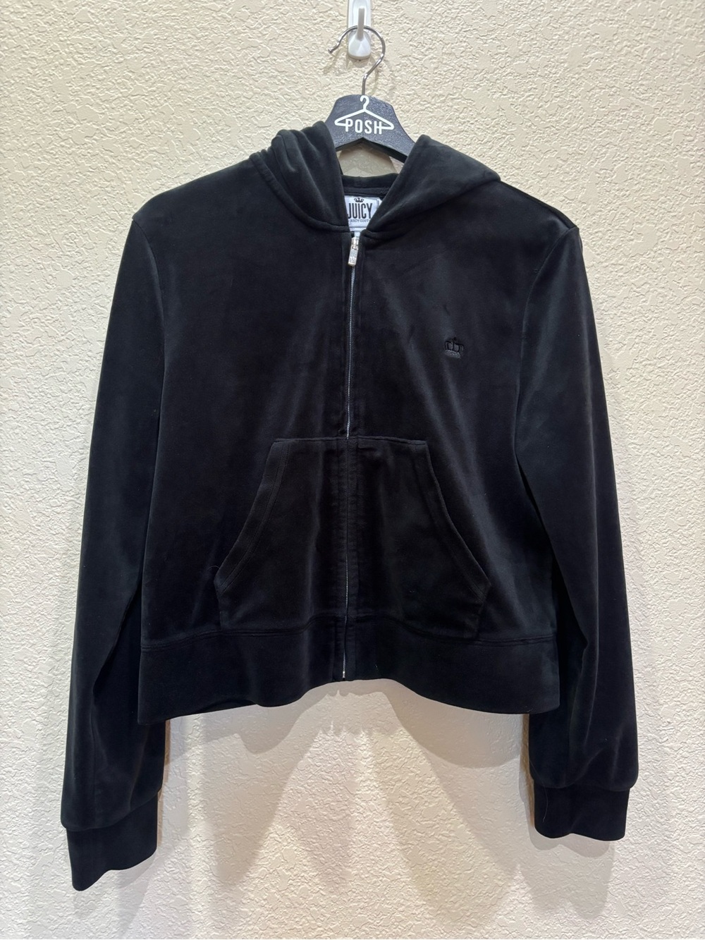 Juicy Couture Black Velour Zip Up Hoodie Crop Crown Logo Y2K Large